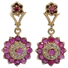 14 Karat Yellow Gold Retro Style Diamond and Ruby Double Halo Earrings