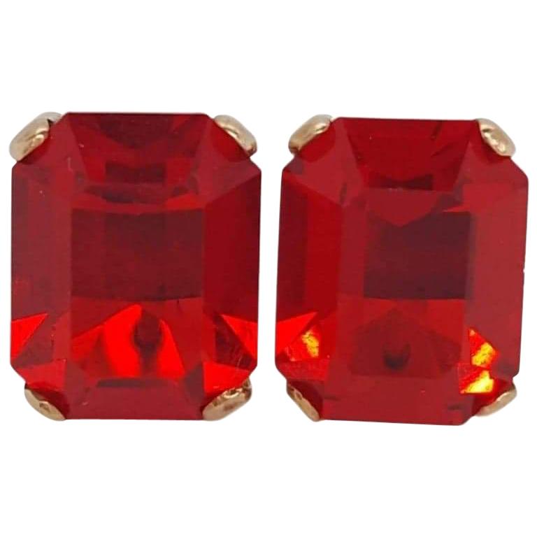 14 Karat Yellow Gold Vintage Style Emerald Cut Red Glass Stud Earrings For Sale