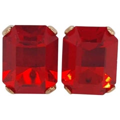 14 Karat Yellow Gold Vintage Style Emerald Cut Red Glass Stud Earrings