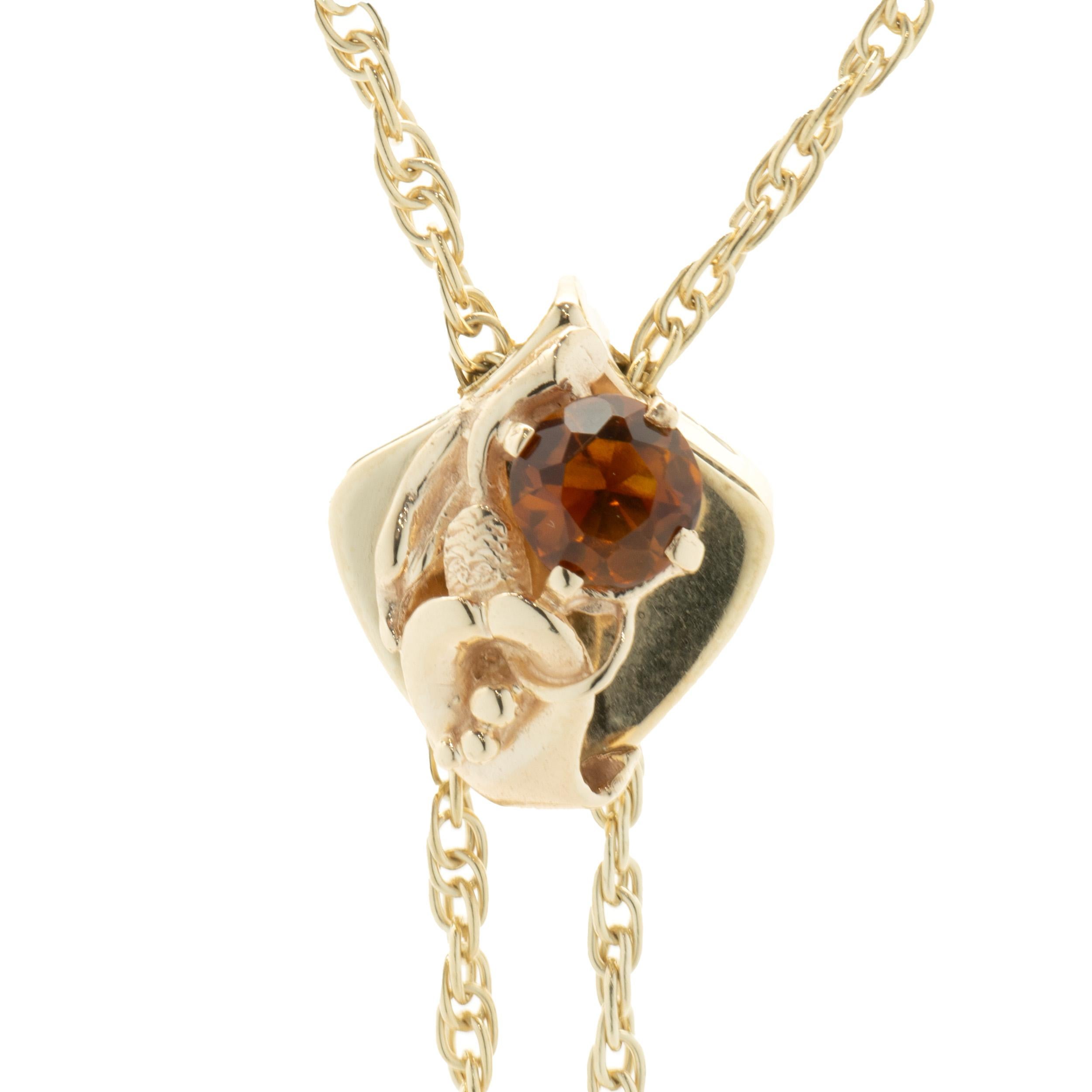 Designer: custom
Material: 14K yellow gold
Citrine: 1 round cut = 1.25ct
Dimensions: necklace measures 17.5-inches in length
Weight: 21.33 grams