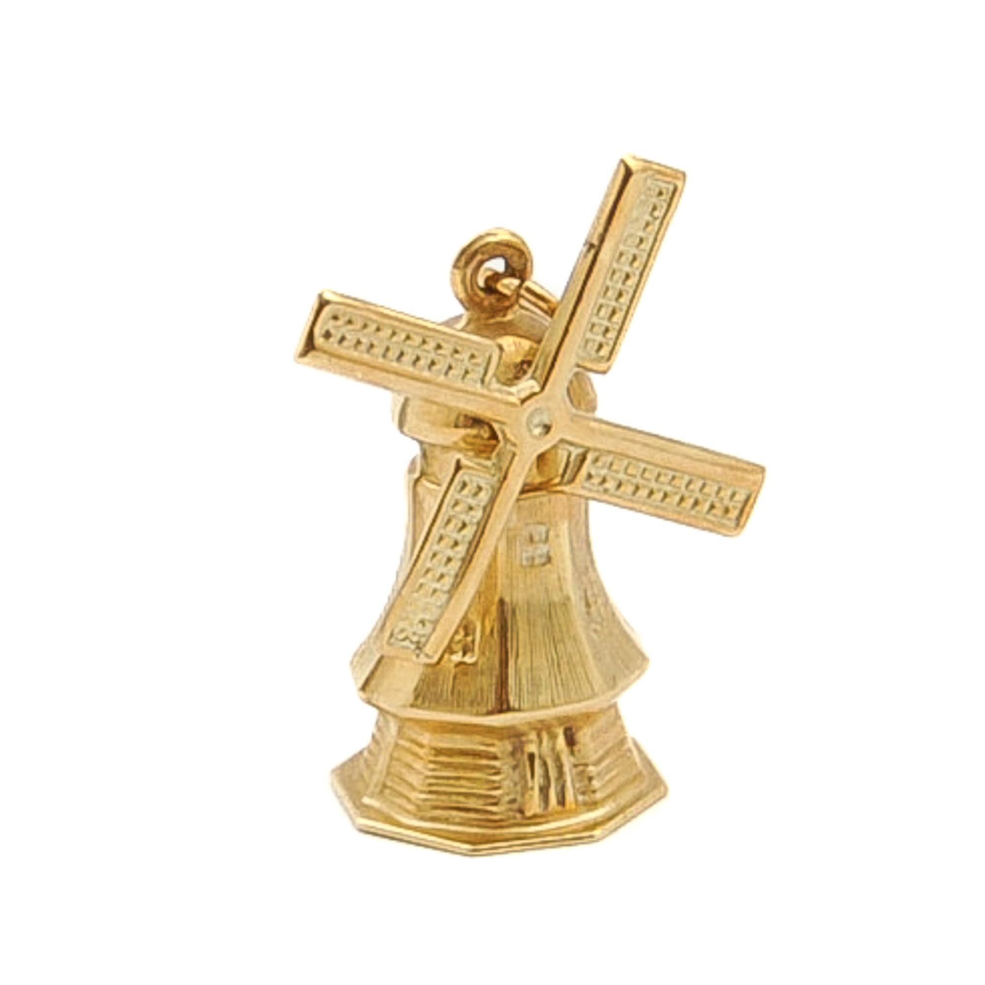 Women's or Men's Dutch Windmill 14 Karat Yellow Gold Charm Pendant For Sale