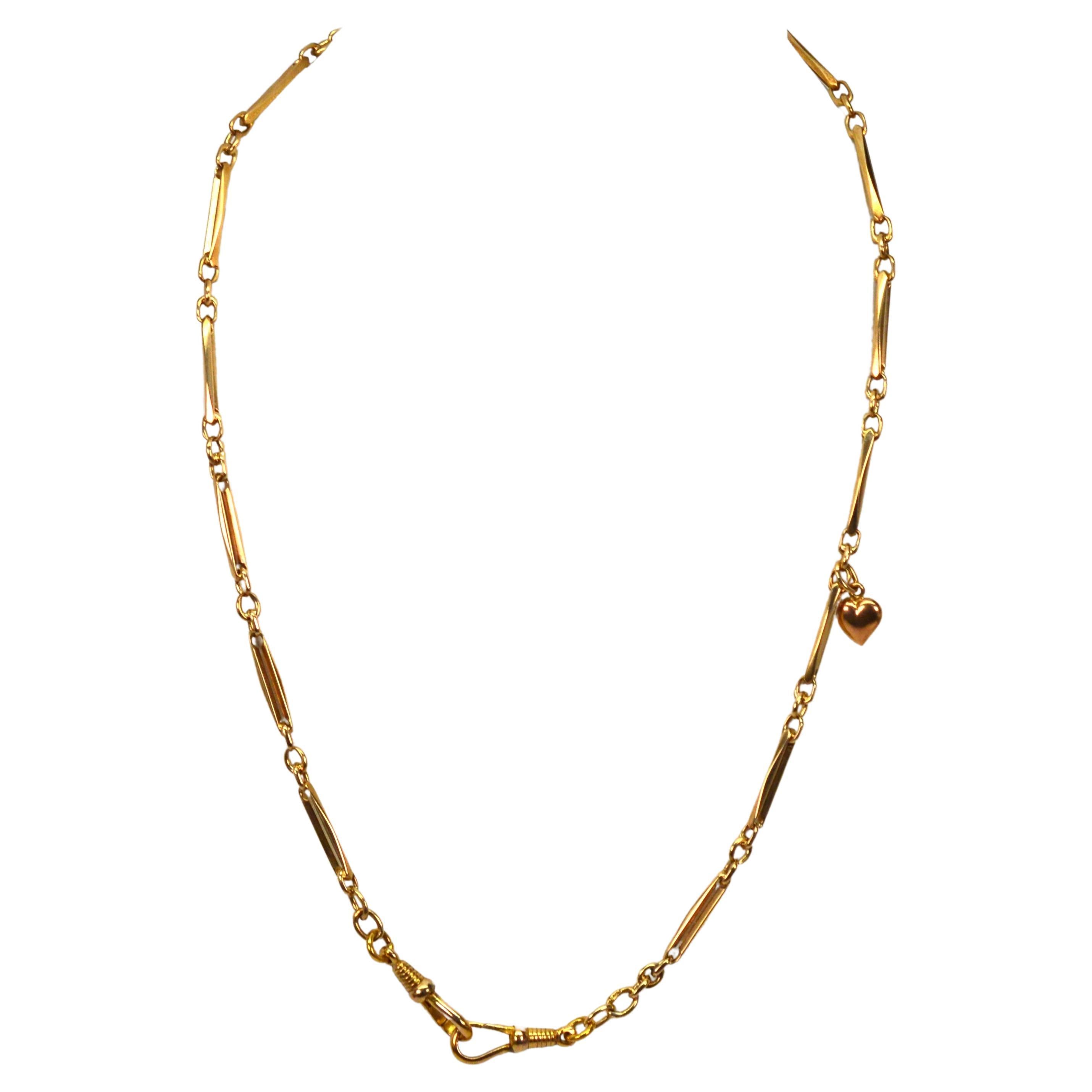 In bright 14 karat yellow gold, enjoy this vintage 19 inch watch chain as an addition to a pocket watch or as a unique
necklace or wrist wrap. Fancy elongated 3.5mm pulled cable chain in 14 karat yellow completes the length of the vintage chain.