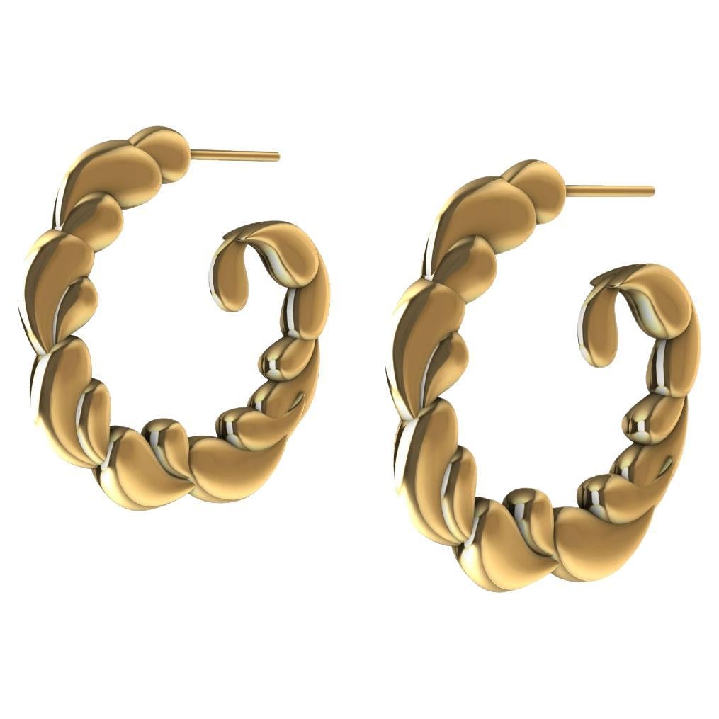 14 Karat Yellow Gold Wave Drop Hoop Earrings For Sale