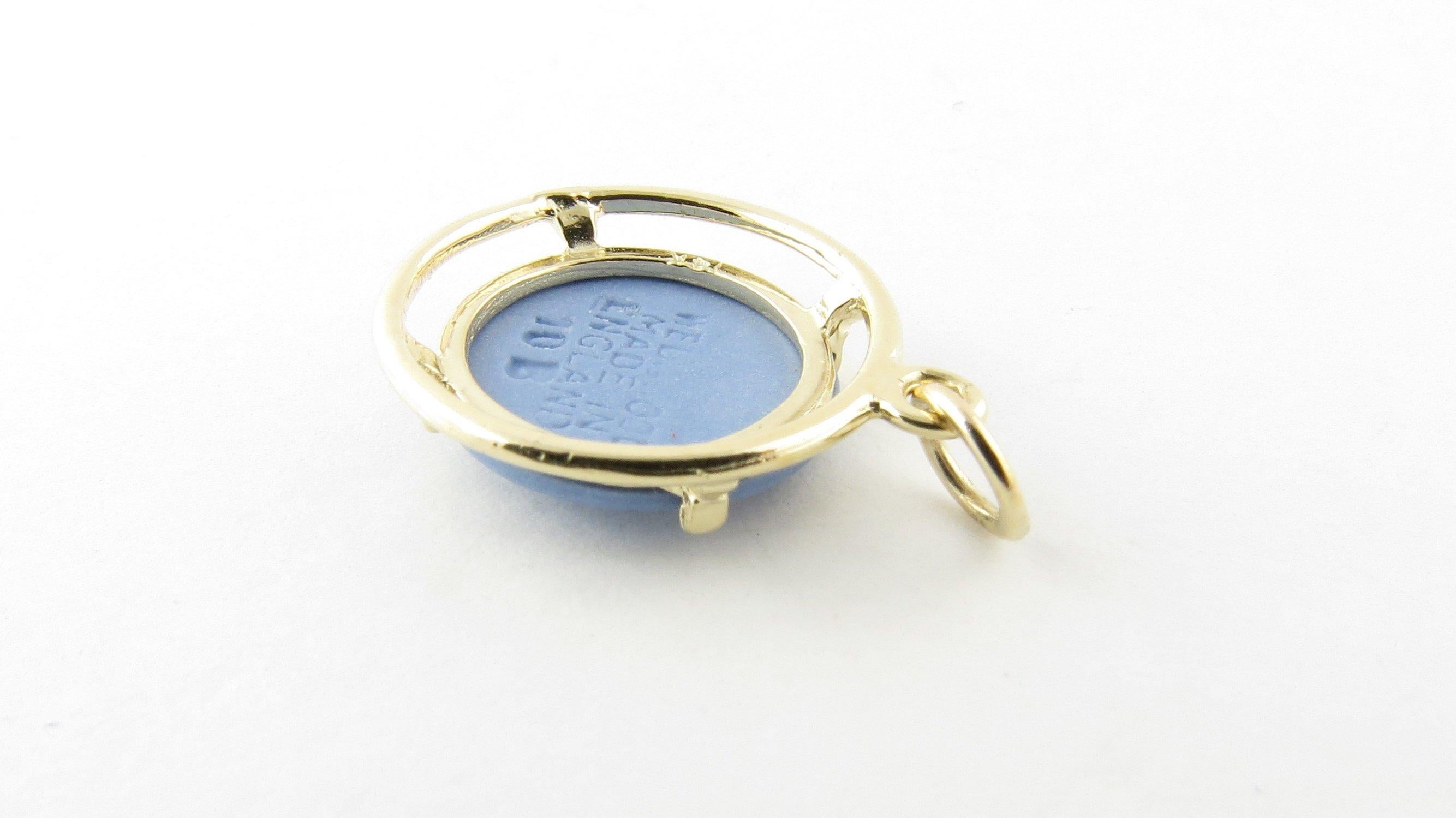 Vintage 14 Karat Yellow Gold Wedgewood Pendant- This lovely blue Wedgewood pendant features a romantic couple framed in beautifully detailed 14K yellow gold. Size: 17 mm Weight: 1.0 dwt. / 1.7 gr. Stamped: 14K Very good condition, professionally
