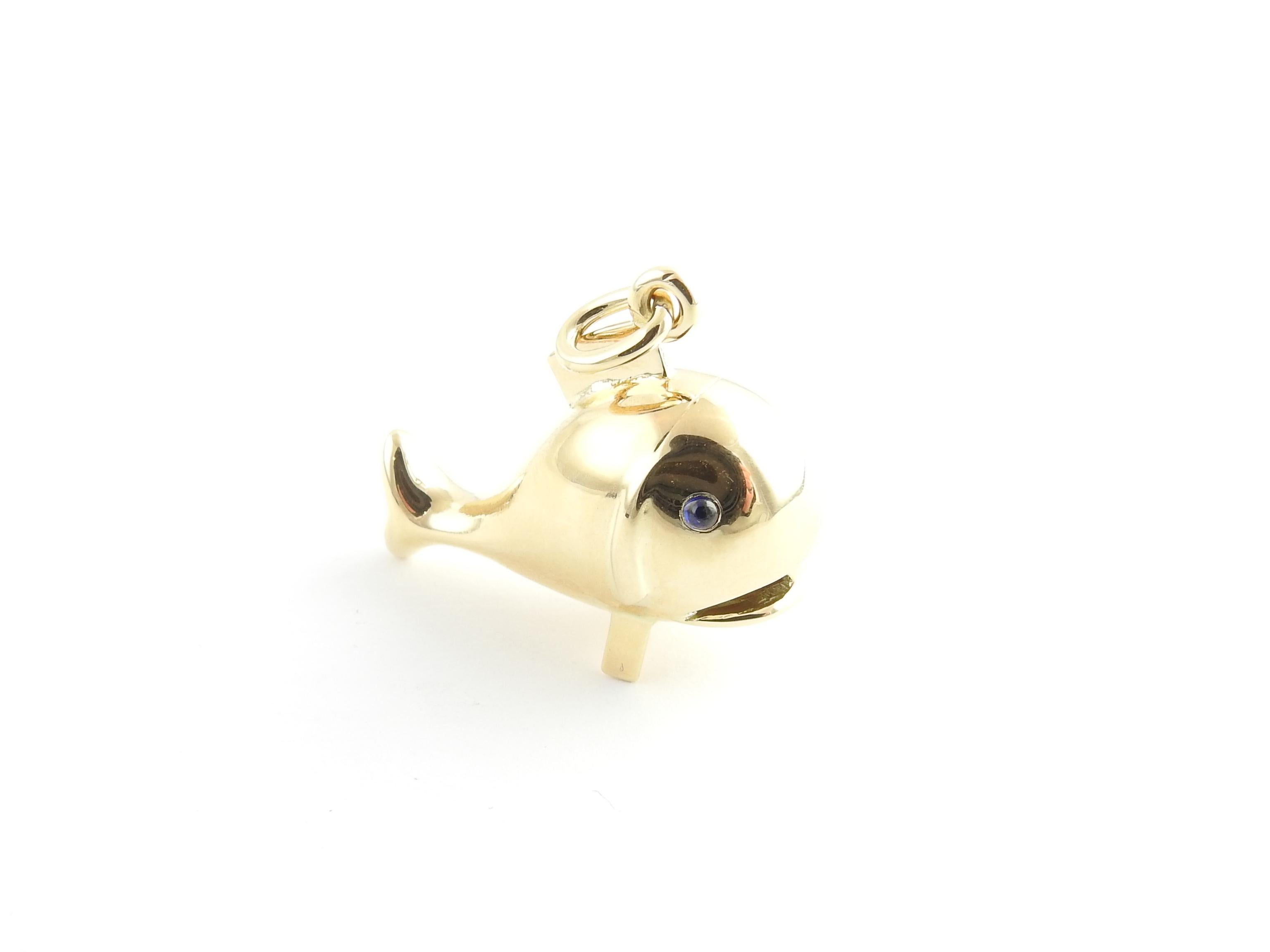 Vintage 14 Karat Yellow Gold Whale Charm

This stunning charm features an adorable whale decorated with two sapphire eyes and crafted in beautifully detailed 14K yellow gold.

Size: 25 mm x 30 mm (actual charm)

Weight: 4.6 dwt. / 7.2 gr.

Stamped: