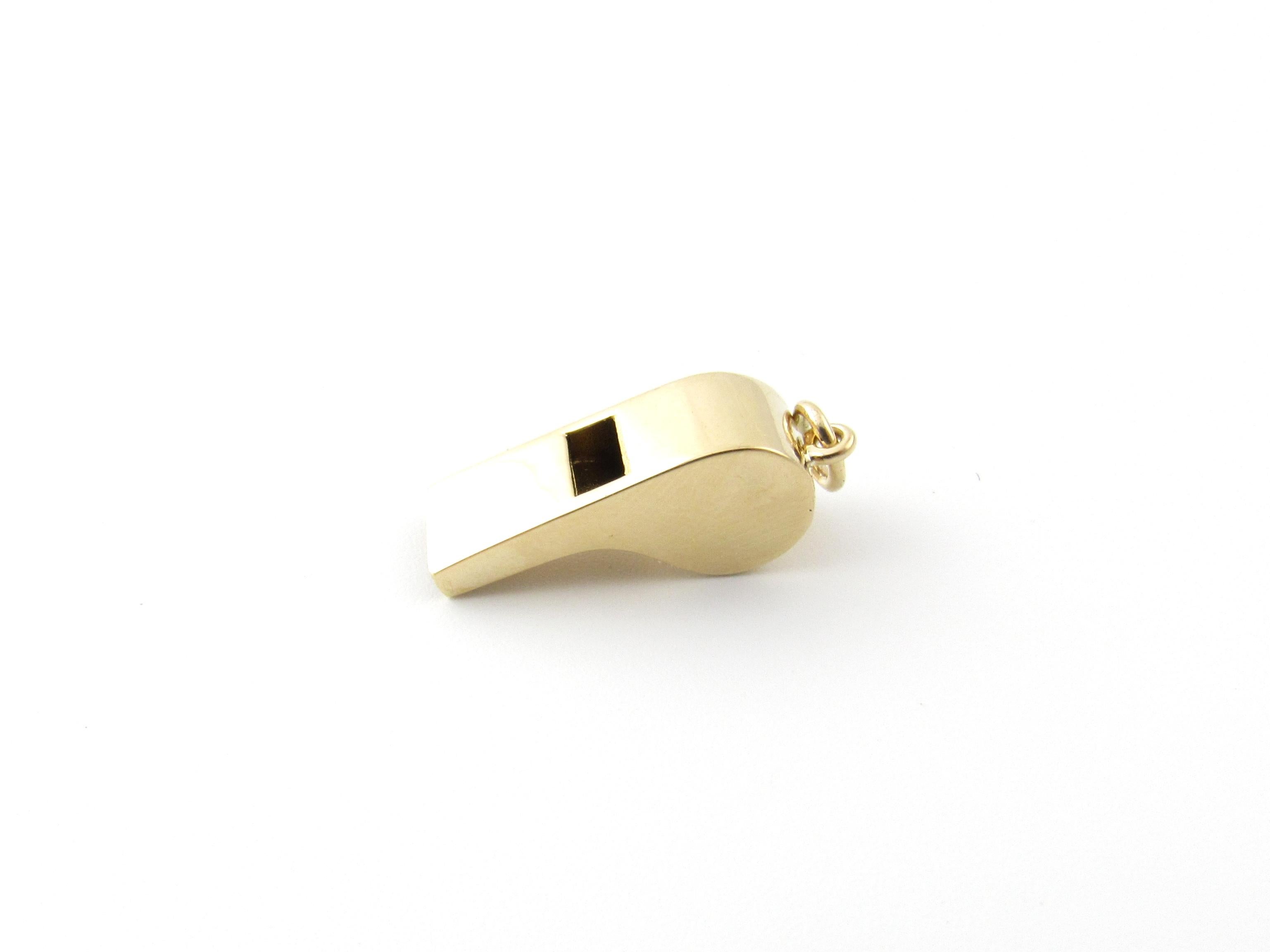 Vintage 14 Karat Yellow Gold Whistle Charm

This lovely 3D charm features a working whistle meticulously detailed in 14K yellow gold.

Size: 20 mm x 7 mm

Weight: 1.4 dwt. / 2.3 gr.

Stamped: 14K

Very good condition, professionally polished. Will