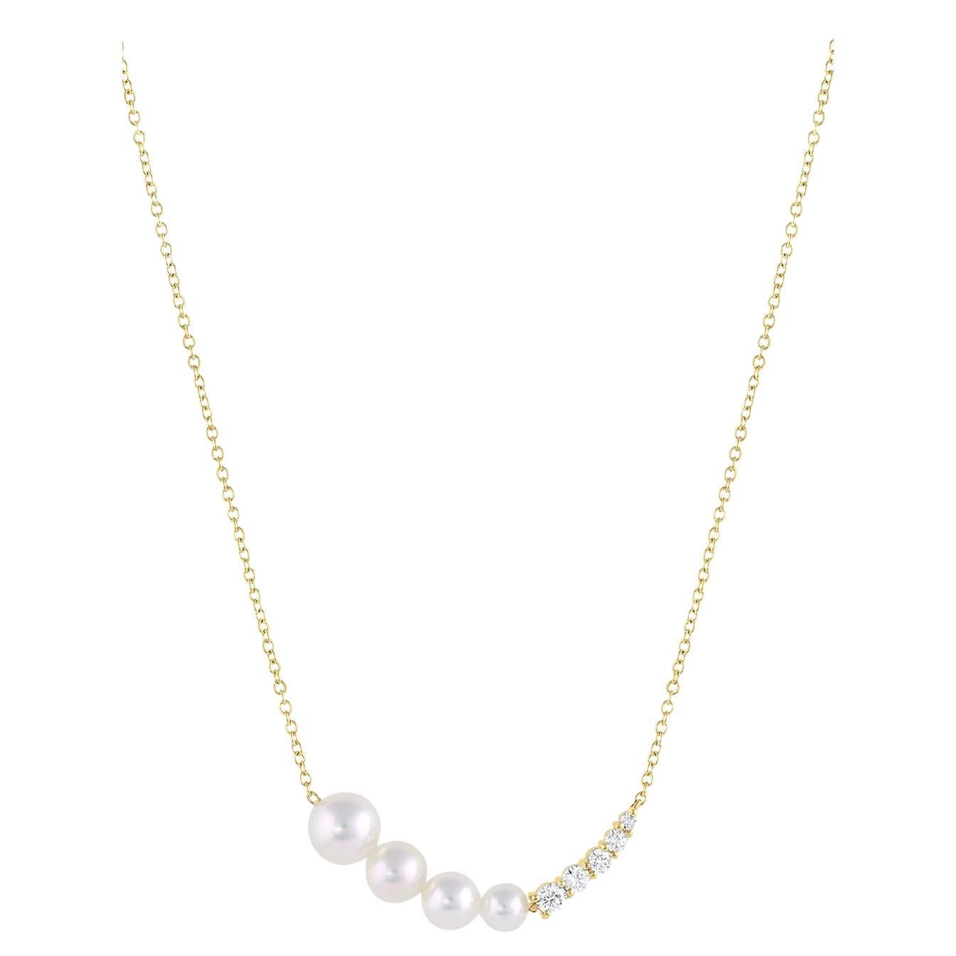 14 Karat Yellow Gold White Akoya Pearl Diamond Curved Pendant Chain Necklace