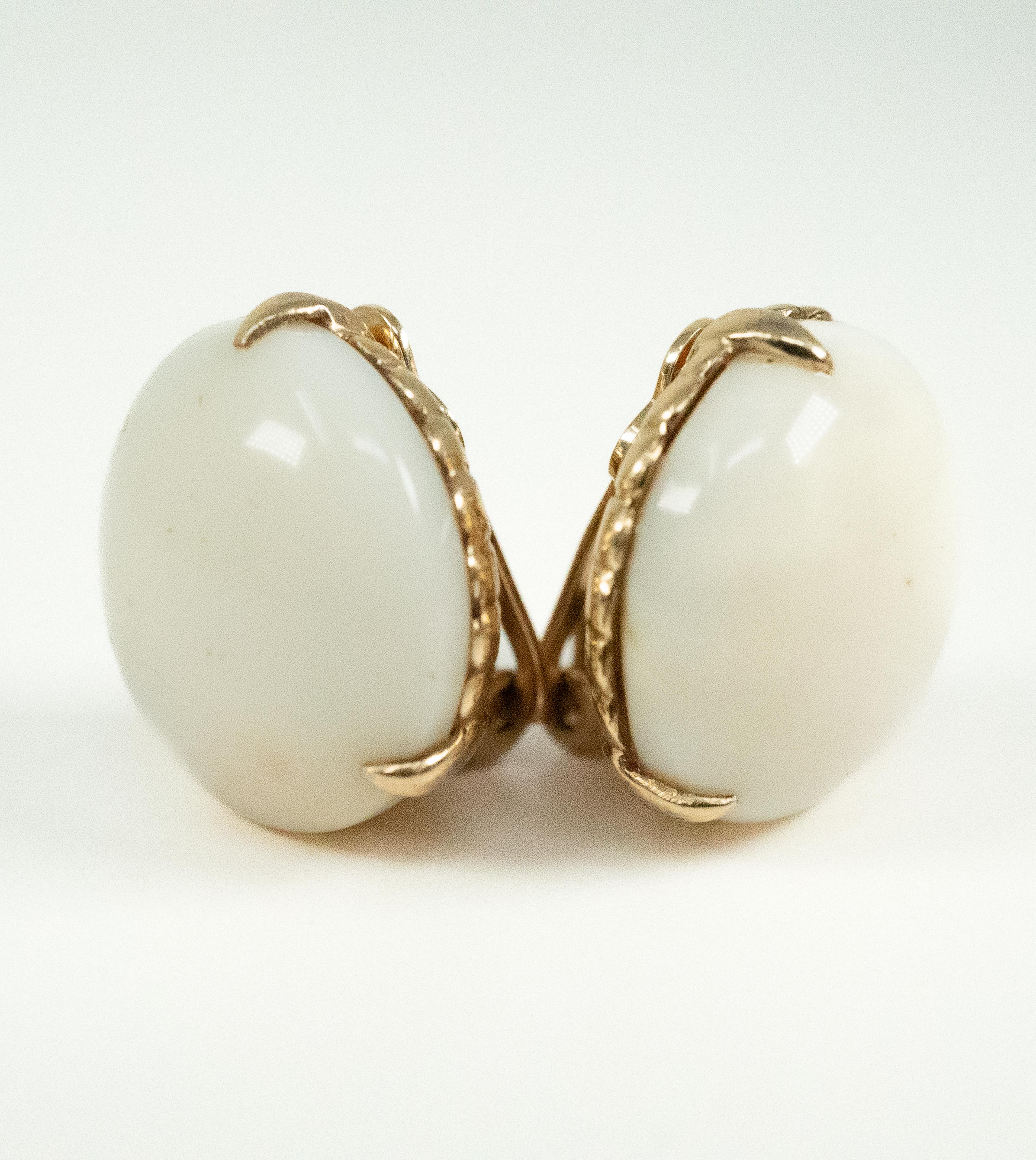 Cabochon 14 Karat Yellow Gold White Coral Earrings For Sale