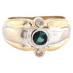 14 Karat Yellow Gold White Gold Ring w Green Beryl Solitaire Diamond Accents