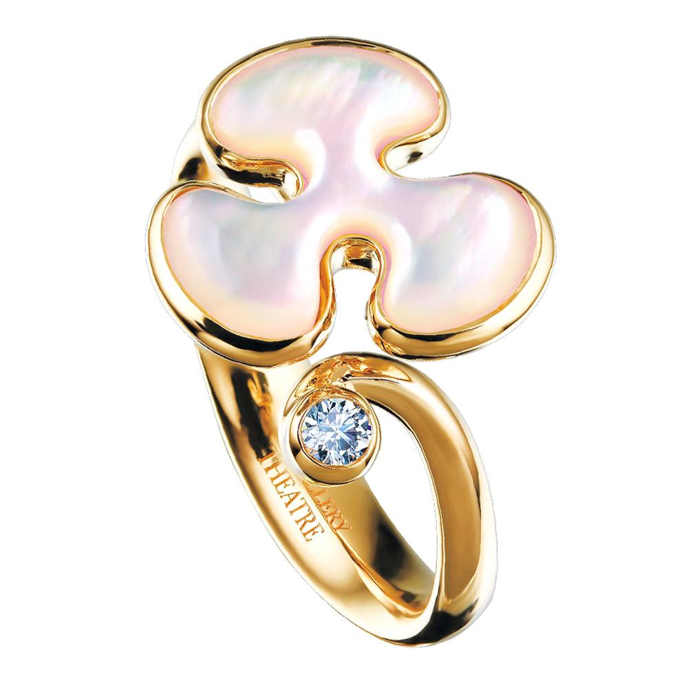 14 Karat Yellow Gold White Mother of Pearl and Diamond Cocktail Ring For Sale