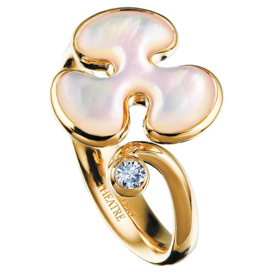14 Karat Yellow Gold White Mother of Pearl and Diamond Cocktail Ring