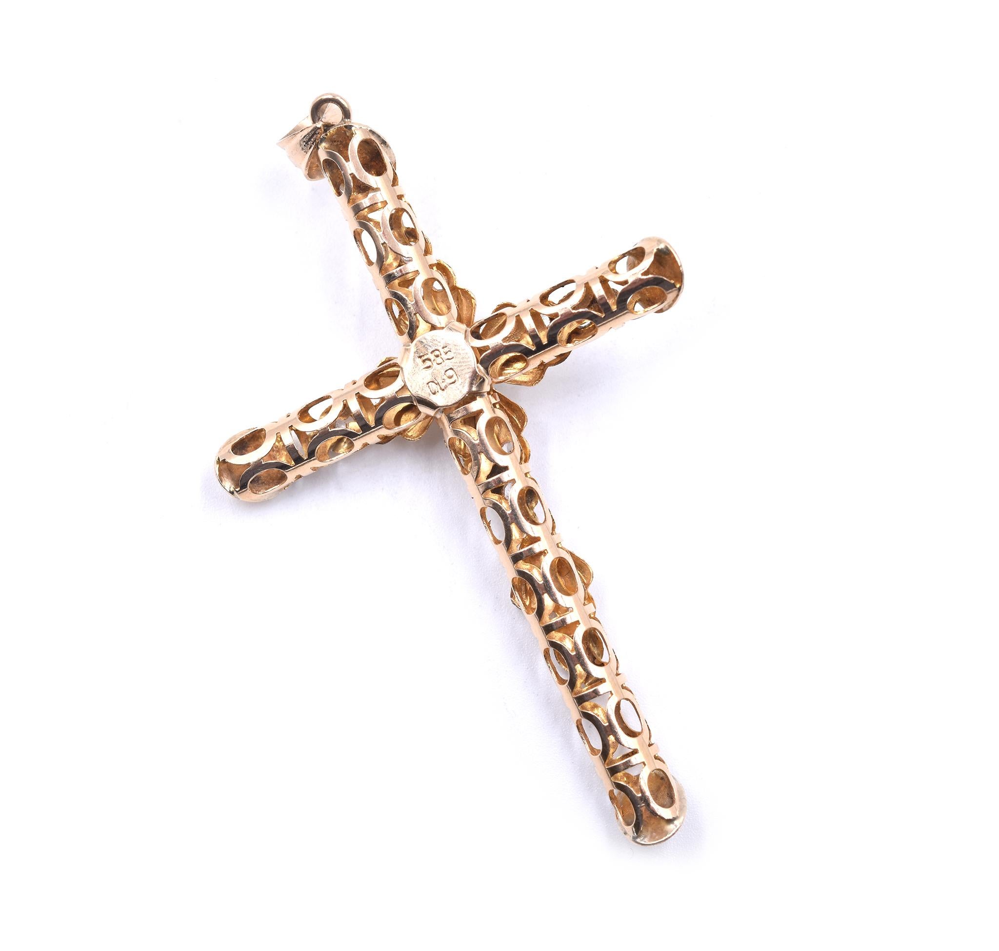 Mixed Cut 14 Karat Yellow Gold White Sapphire, Enamel, and Pearl Cross Pendant