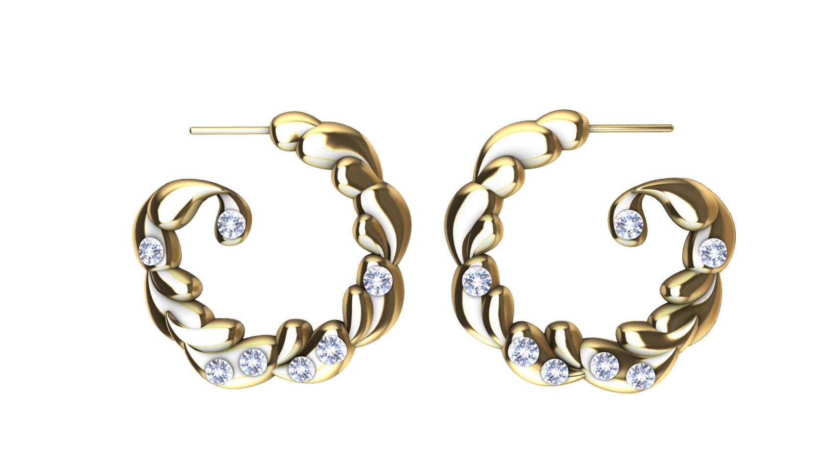 Contemporain Boucles d'oreilles en or jaune 14 carats et saphirs blancs avec pendentifs en forme de vagues en vente