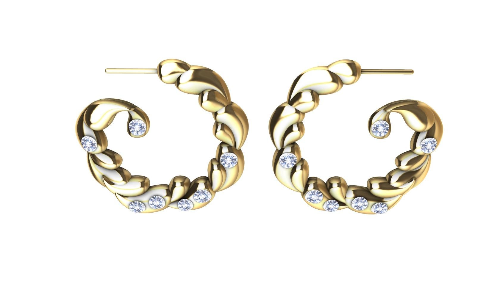 Contemporary 14 Karat Yellow Gold & White Sapphires Wave Drop Hoop Earrings For Sale