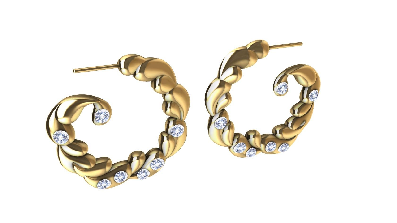 Round Cut 14 Karat Yellow Gold & White Sapphires Wave Drop Hoop Earrings For Sale
