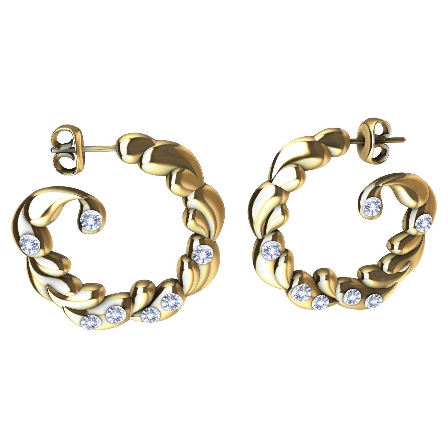 14 Karat Yellow Gold & White Sapphires Wave Drop Hoop Earrings For Sale