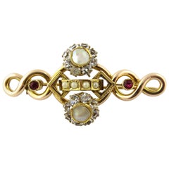 14 Karat Yellow Gold White Spinel, Ruby, Mother-of-Pearl Brooch