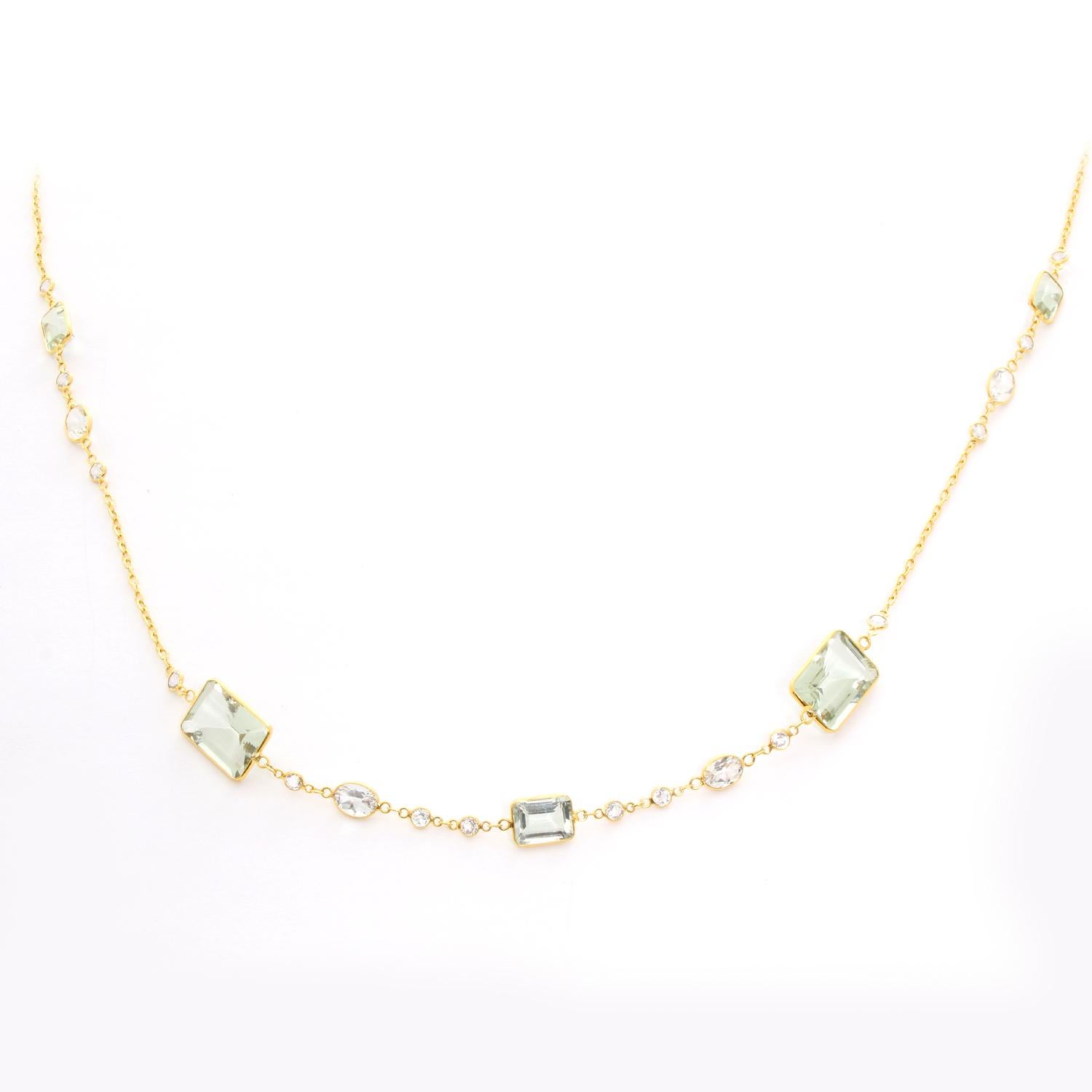 Women's or Men's 14 Karat Yellow Gold White Topaz and Green Amethyst by the Yard Necklace