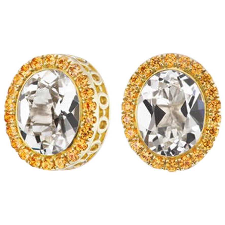 14 Karat Yellow Gold White Topaz and Orange Sapphire Halo Stud Earring For Sale