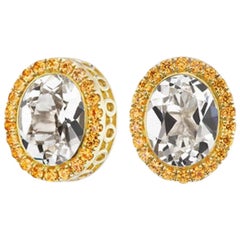 14 Karat Yellow Gold White Topaz and Orange Sapphire Halo Stud Earring