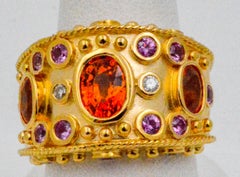 14K Yellow Gold Bezel Set Multi Sapphire with Diamonds Wide Band Ring