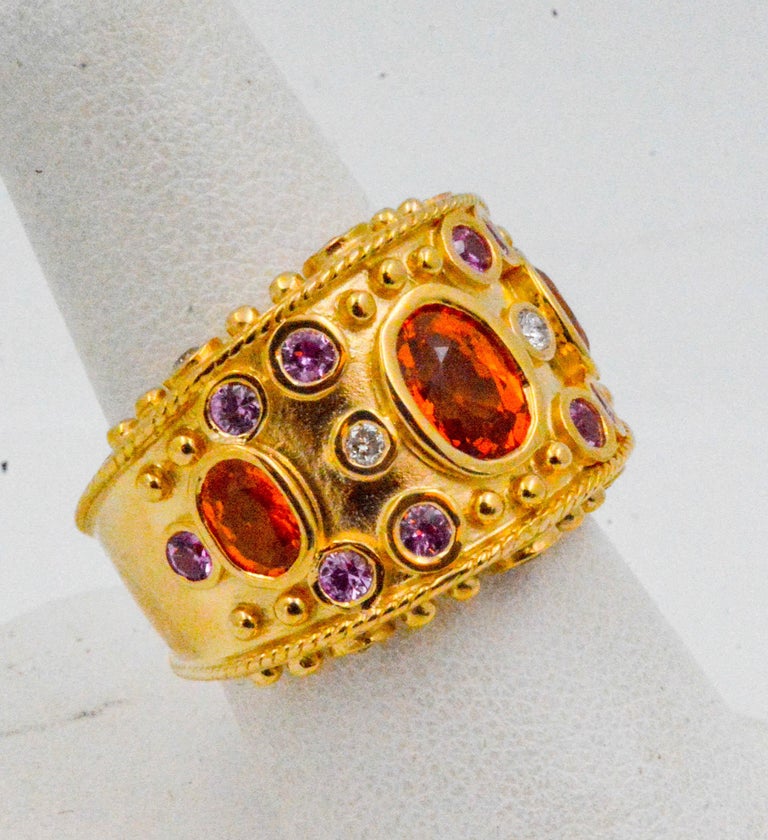 14K Yellow Gold Bezel Set Multi Sapphire with Diamonds Wide Band Ring