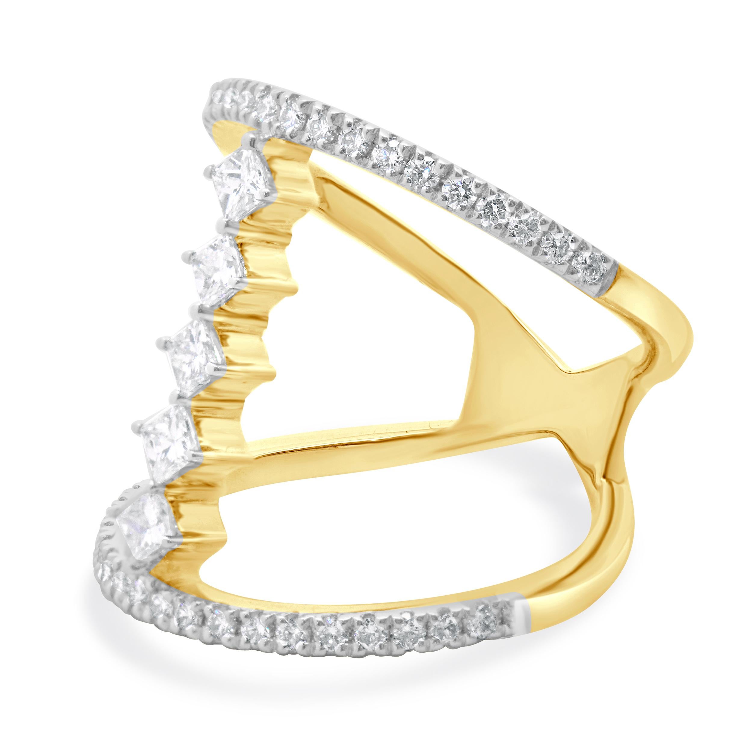 Designer: custion
Material: 14K yellow gold
Diamond:  45 round & princess cut = 0.91cttw
Color: H / I
Clarity: SI1-2
Weight: 5.20 grams
