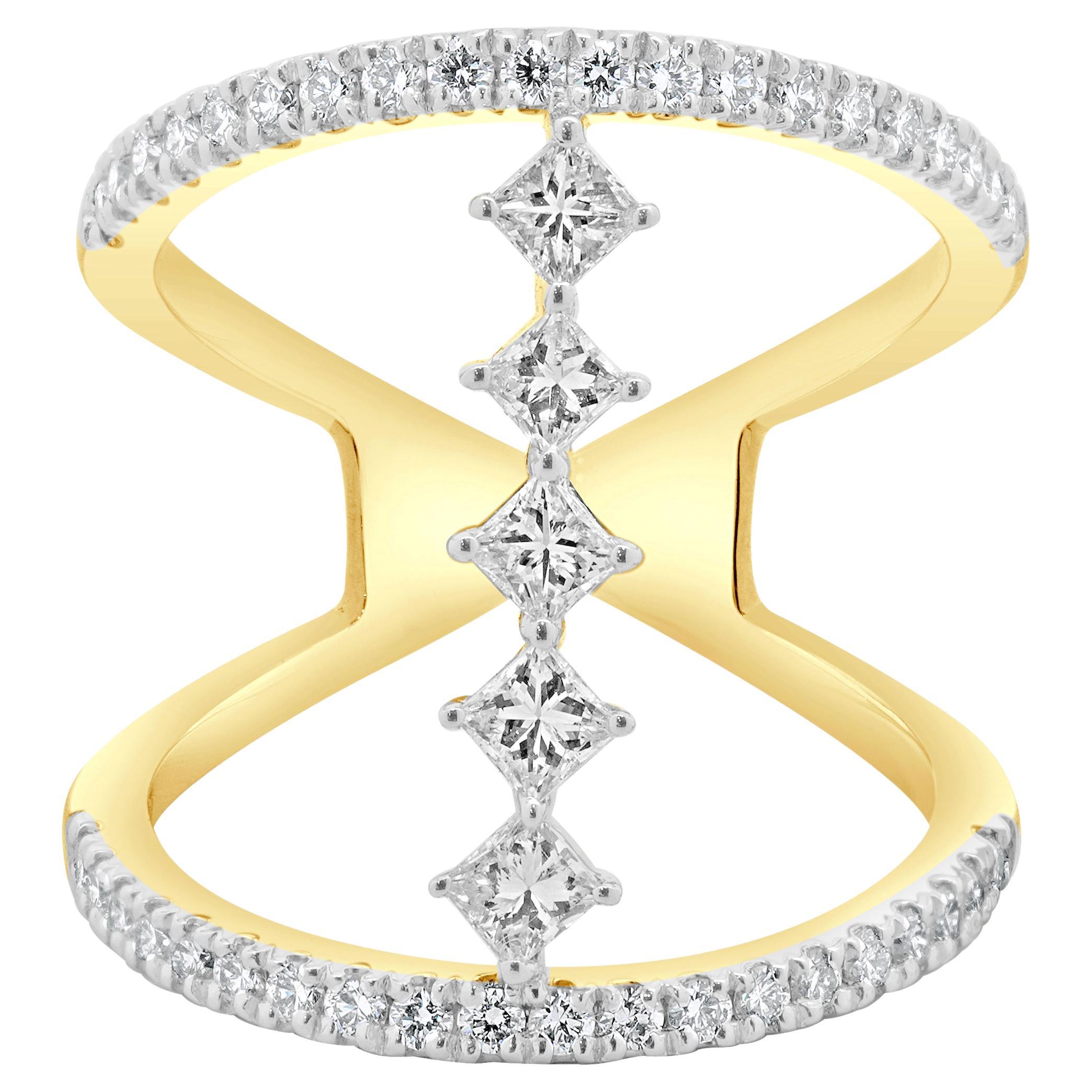 14 Karat Yellow Gold Wide Diamond Bar Link Ring For Sale