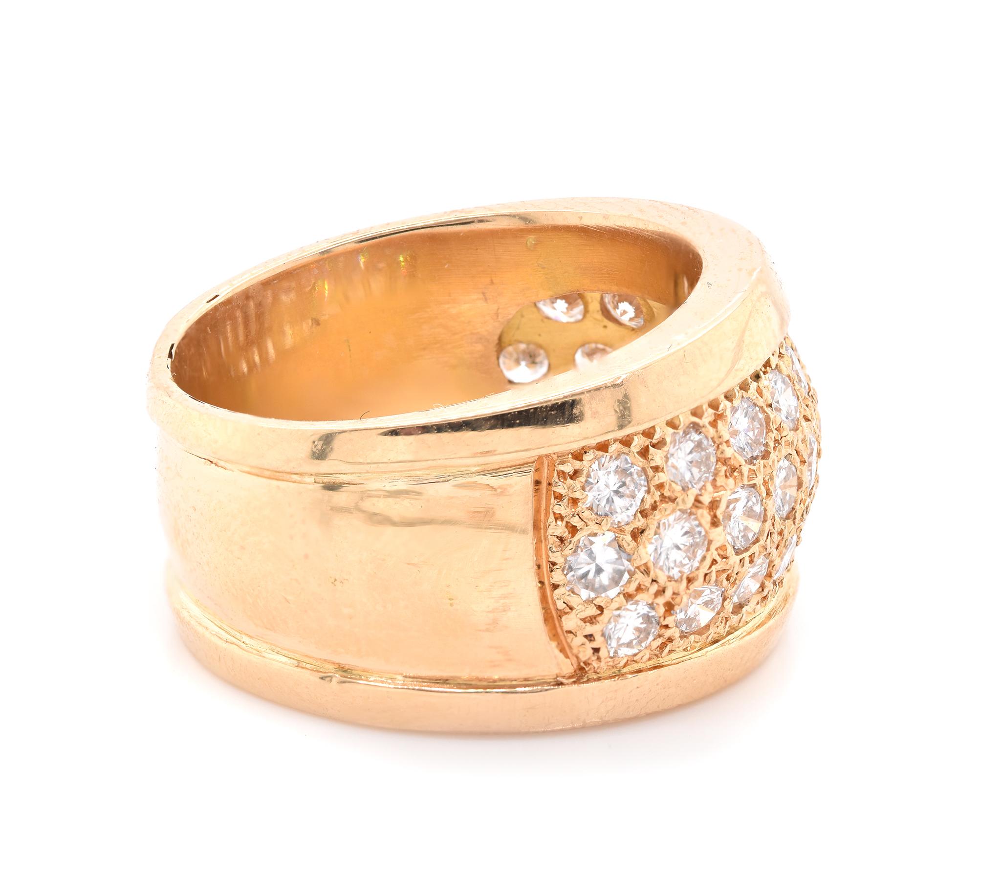 Designer: custom designed 
Material: 14K yellow gold
Diamonds: 31 round brilliant cut = 1.24cttw
Color: G
Clarity: SI1
Size: 7.5 (please allow two additional shipping days for sizing requests)
Dimensions: top measures 13.9mm wide
Weight: 14.42 grams
