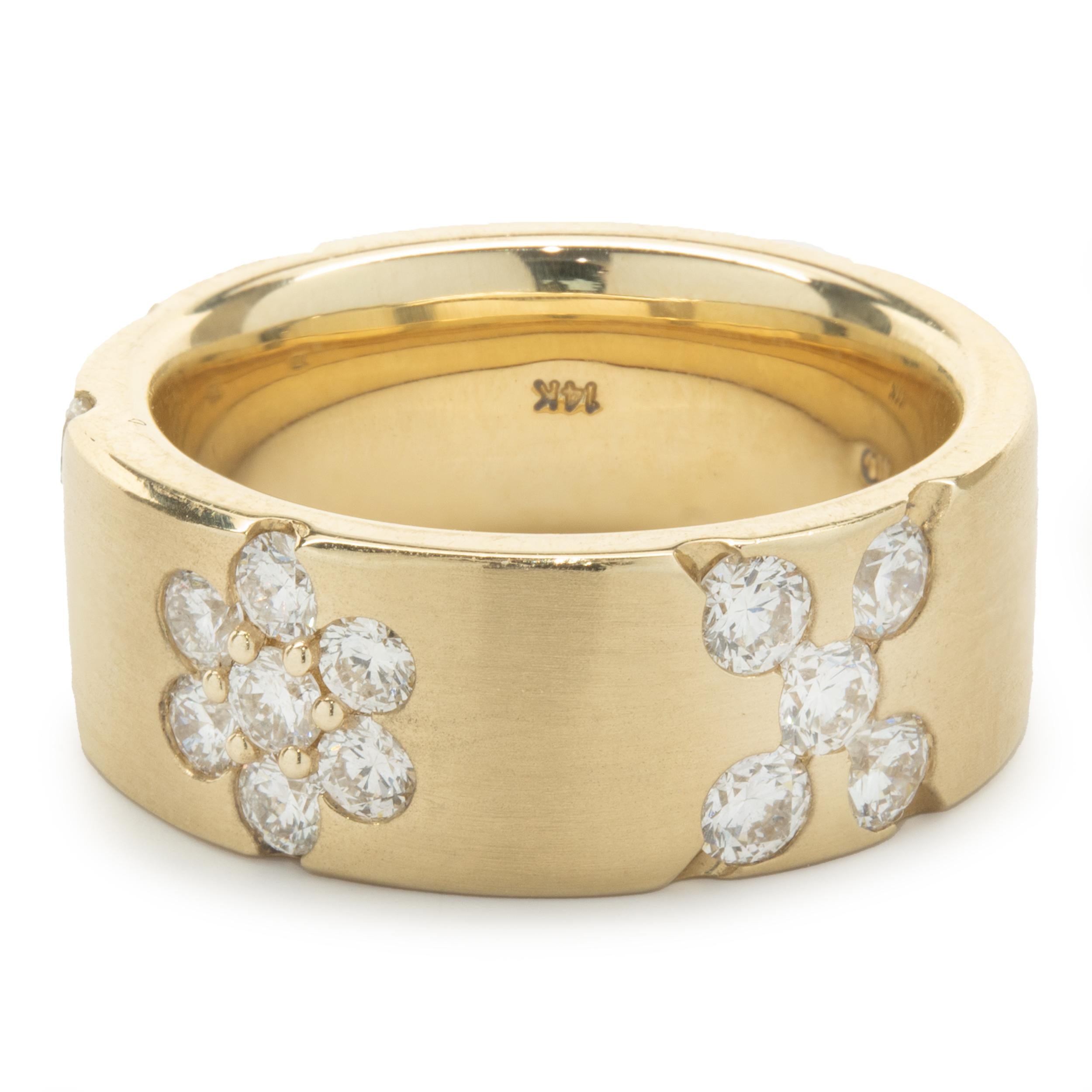 Designer: custom
Material: 14K Yellow Gold
Diamond: 17 round brilliant cut = 1.28cttw
Color: G
Clarity: VS2
Ring size: 7 (please allow two additional shipping days for sizing requests)
Weight: 13.05 grams