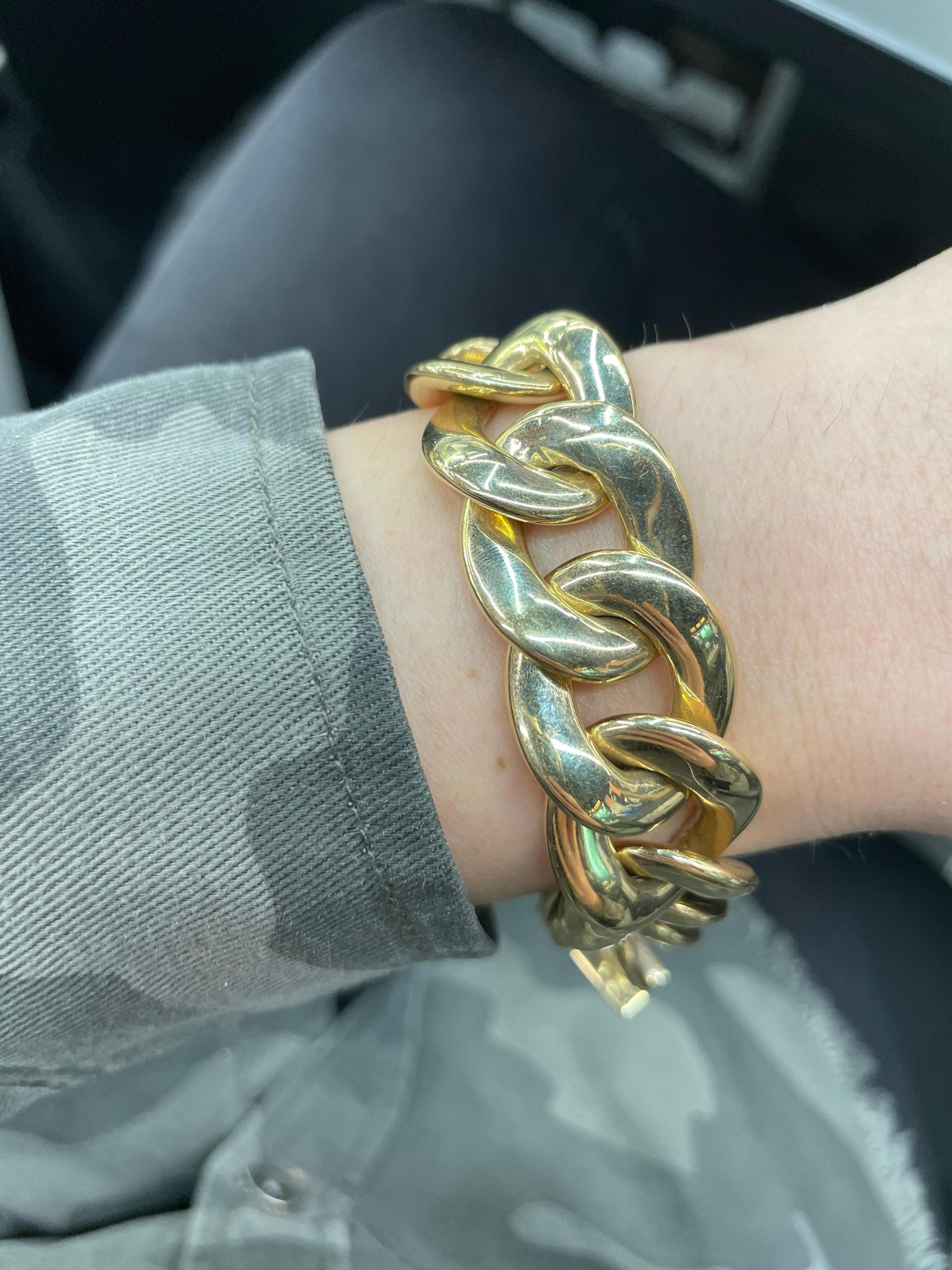14 Karat yellow bracelet featuring 14 polished links weighing 50.6 grams. 
Very comfortable on the wrist!
More link bracelets available in 14 & 18 karat gold.