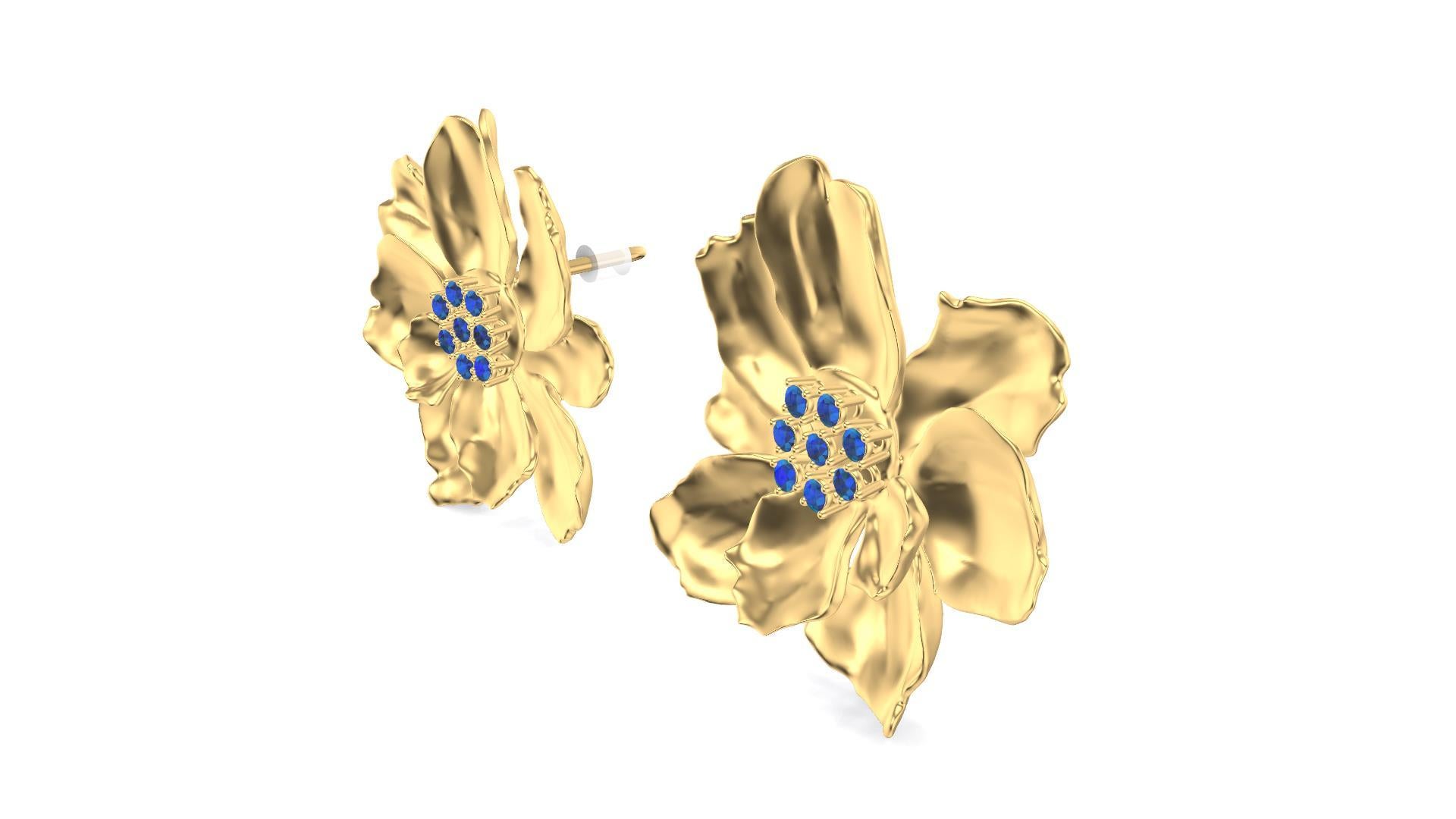 Round Cut 14 Karat Yellow Gold Wild Flower Earrings with Sapphires For Sale