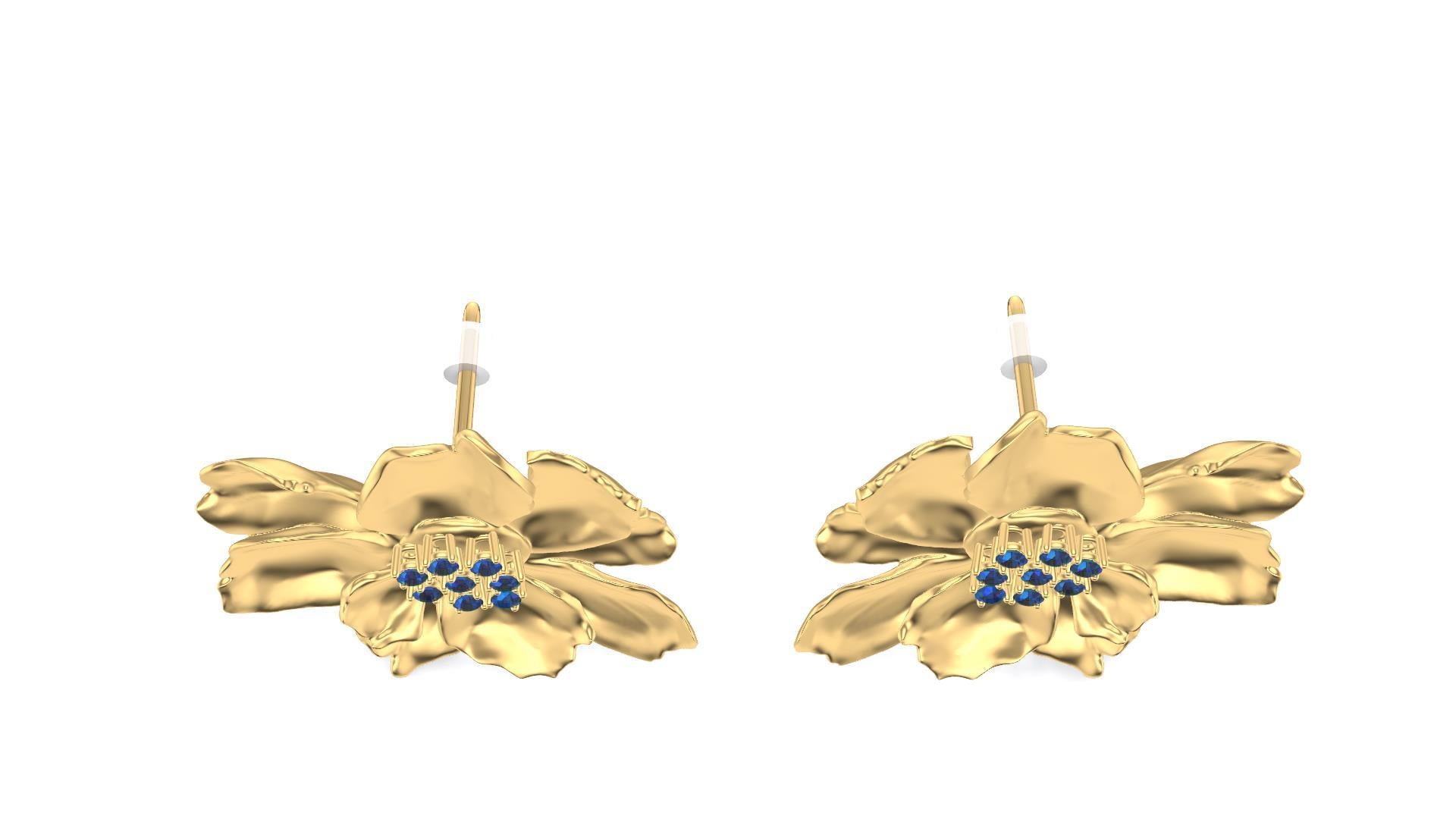 14 Karat Yellow Gold Wild Flower Earrings with Sapphires In New Condition For Sale In New York, NY
