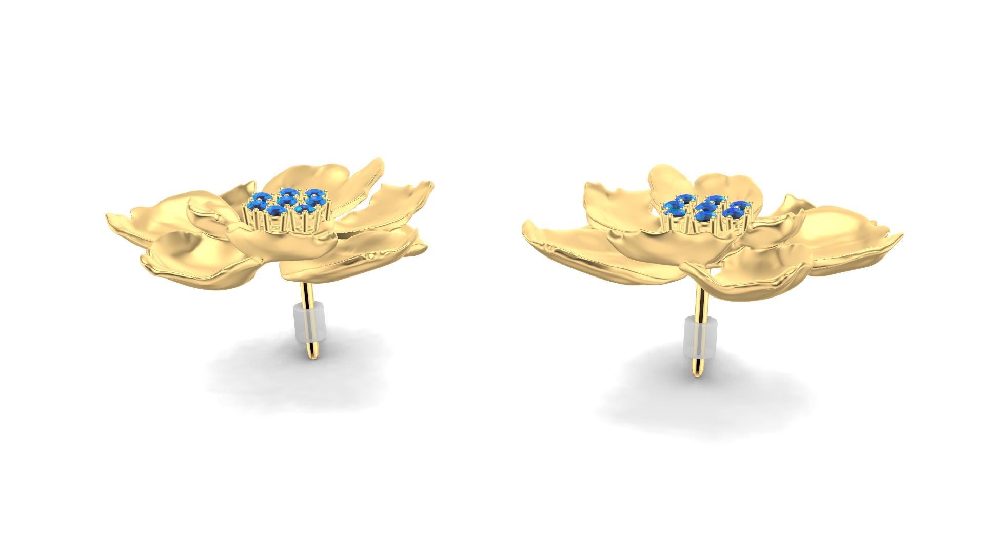 Women's 14 Karat Yellow Gold Wild Flower Earrings with Sapphires For Sale