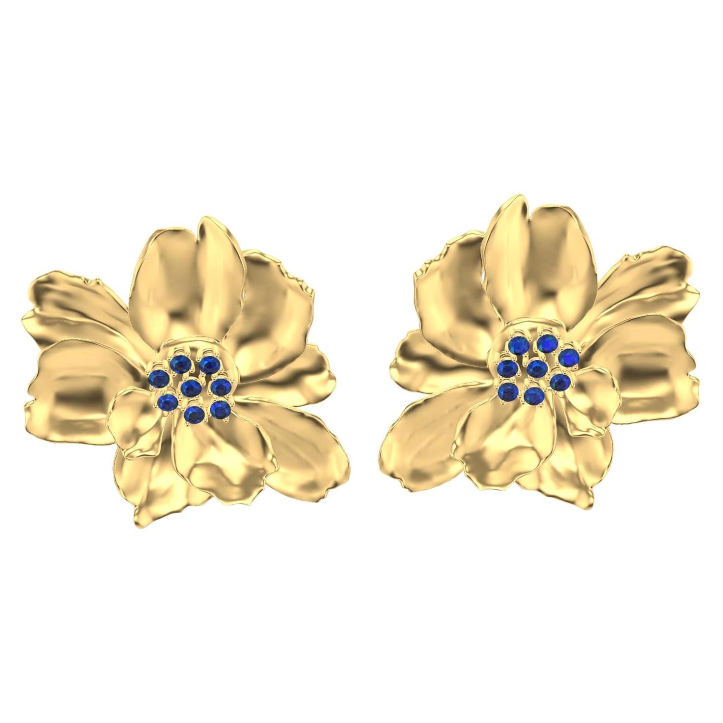 14 Karat Yellow Gold Wild Flower Earrings with Sapphires