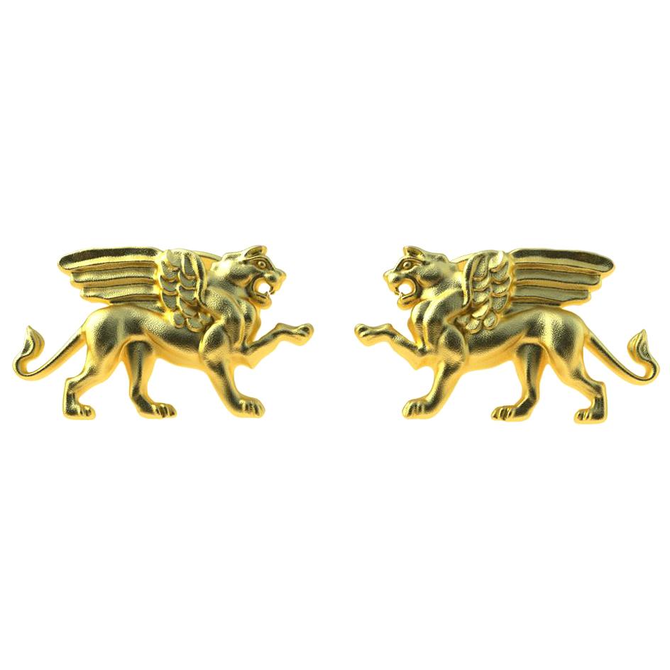 Women's or Men's 14 Karat Yellow Gold Winged Griffin Cufflinks For Sale