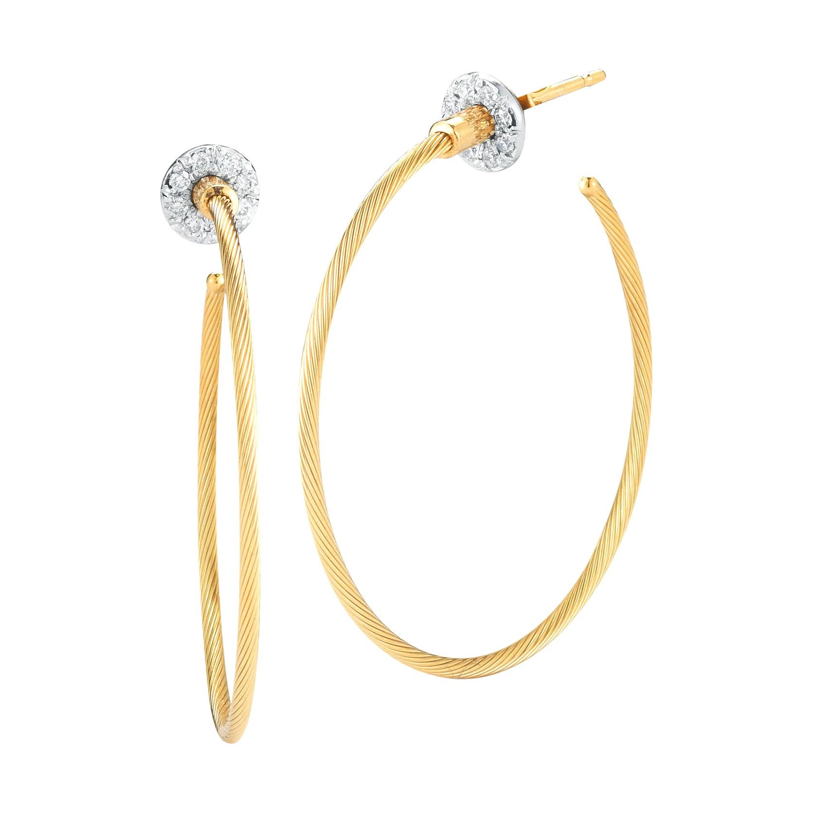 14 Karat Yellow Gold Wire Hoop Earrings, Set with Diamond Jackets