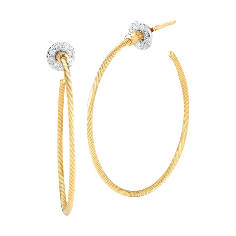 14 Karat Yellow Gold Wire Hoop Earrings, Set with Diamond Jackets For