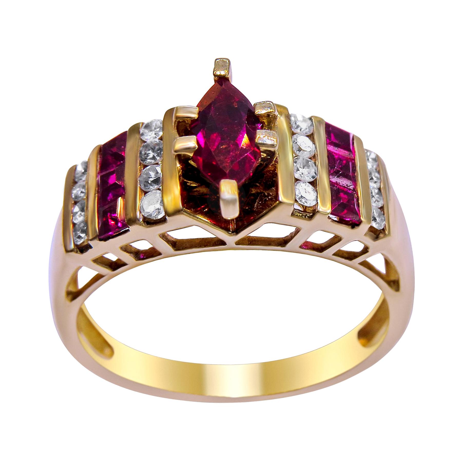 14 Karat Yellow Gold with Diamond and Ruby C.Z Ladies Ring For Sale