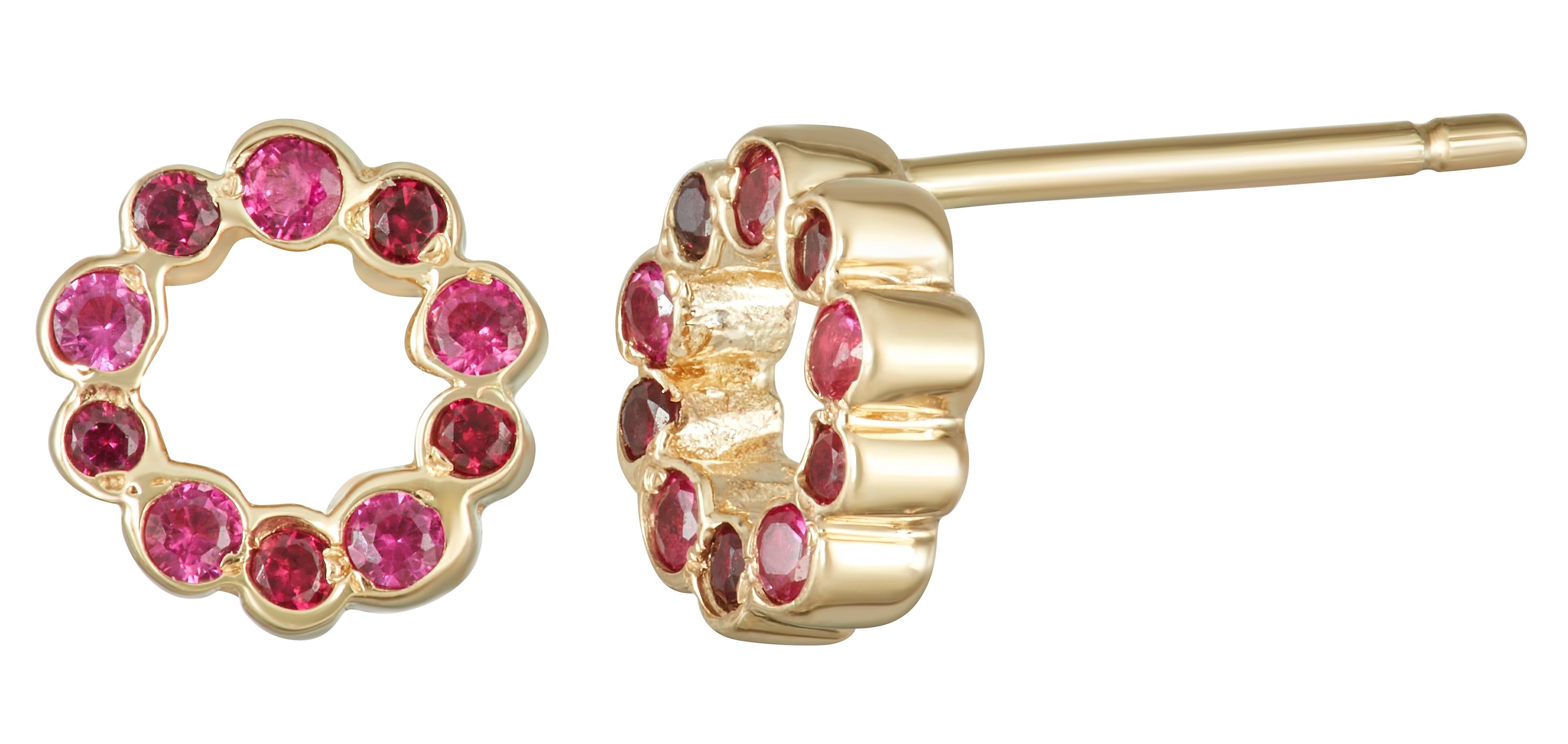 Contemporary 14 Karat Yellow Gold with Rubies Stud Earrings