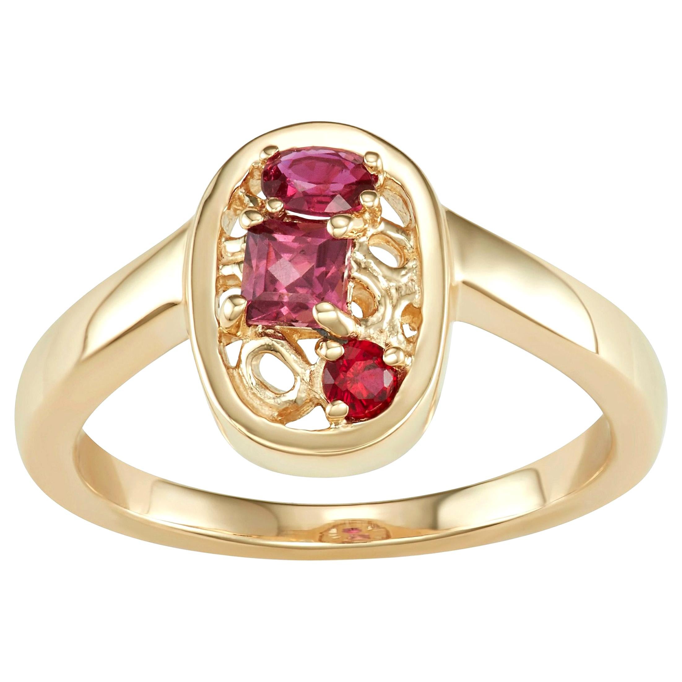 14 Karat Yellow Gold with Ruby and Rhodolite Stones Cluster Ring