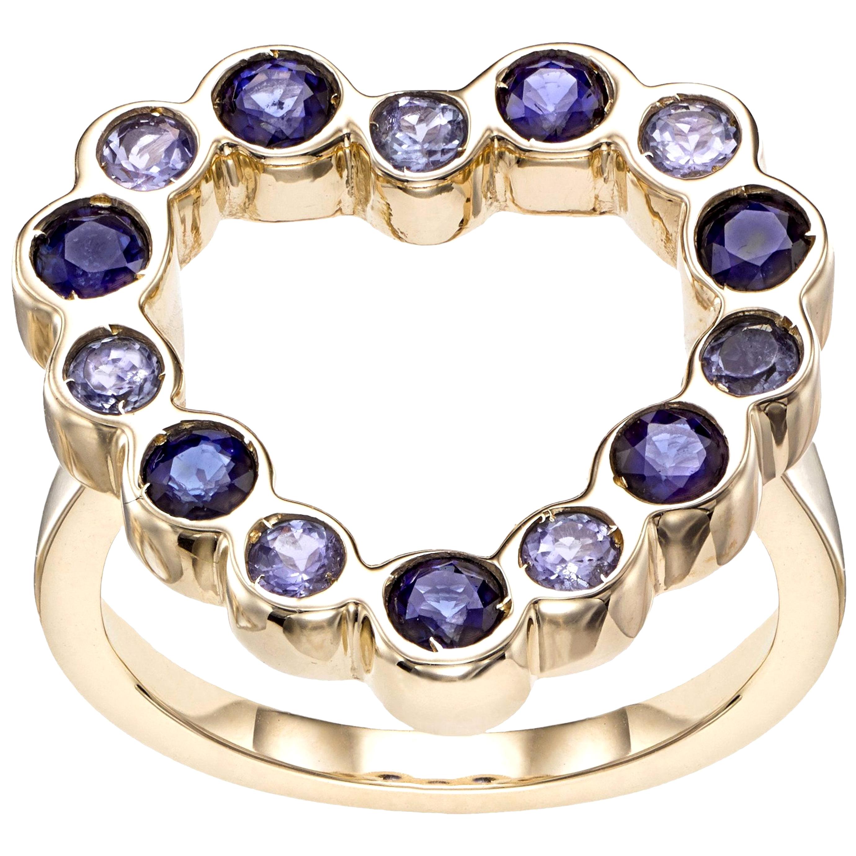 14 Karat Yellow Gold with Tanzanite and Blue Sapphire Heart Shape Cocktail Ring
