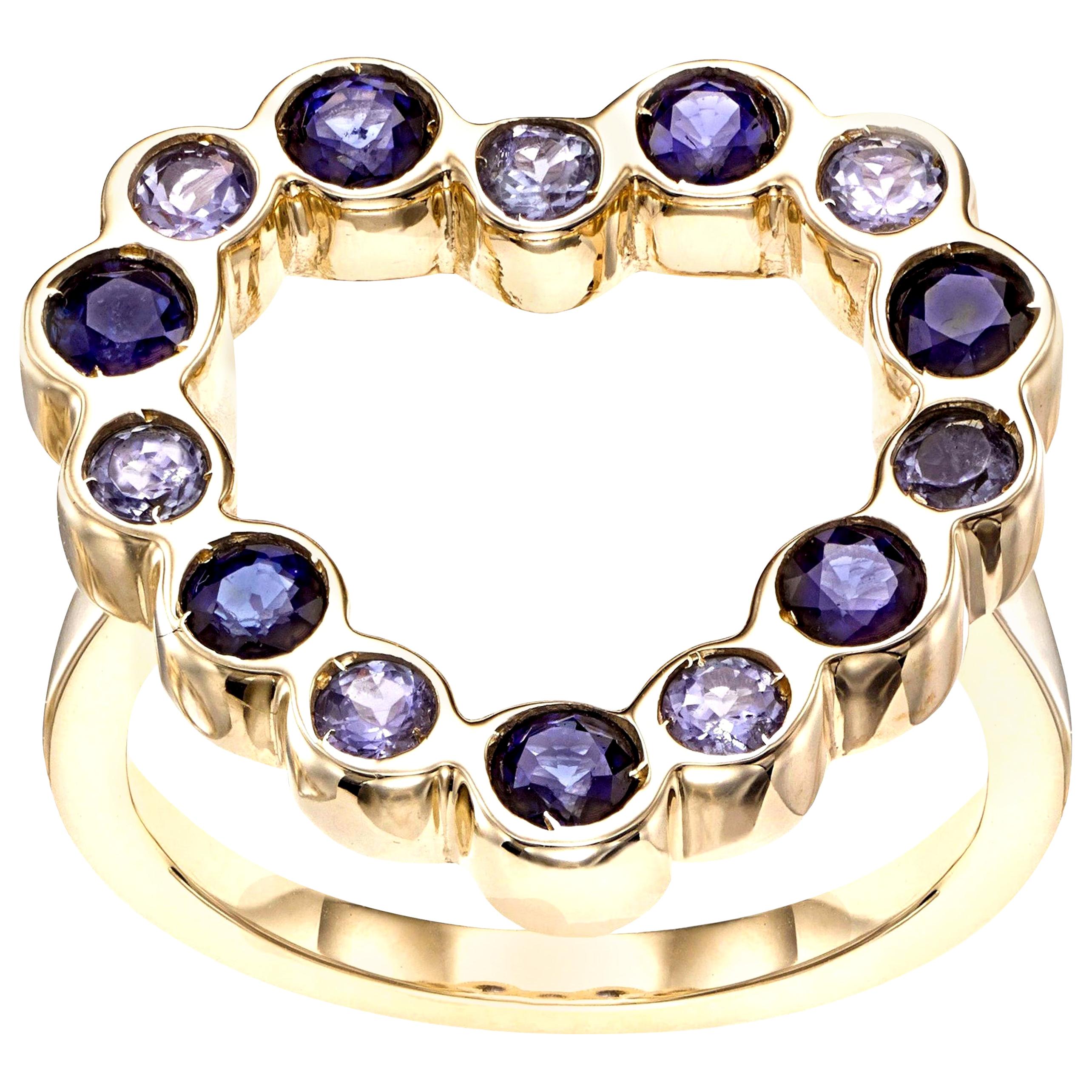 14 Karat Yellow Gold with Tanzanite and Blue Sapphire Heart Shape Cocktail Ring For Sale