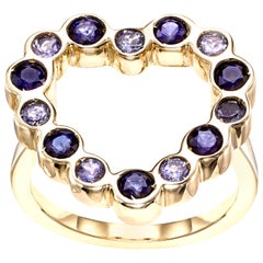 Bague cocktail en or jaune 14 carats avec tanzanite et saphir bleu en forme de cœur