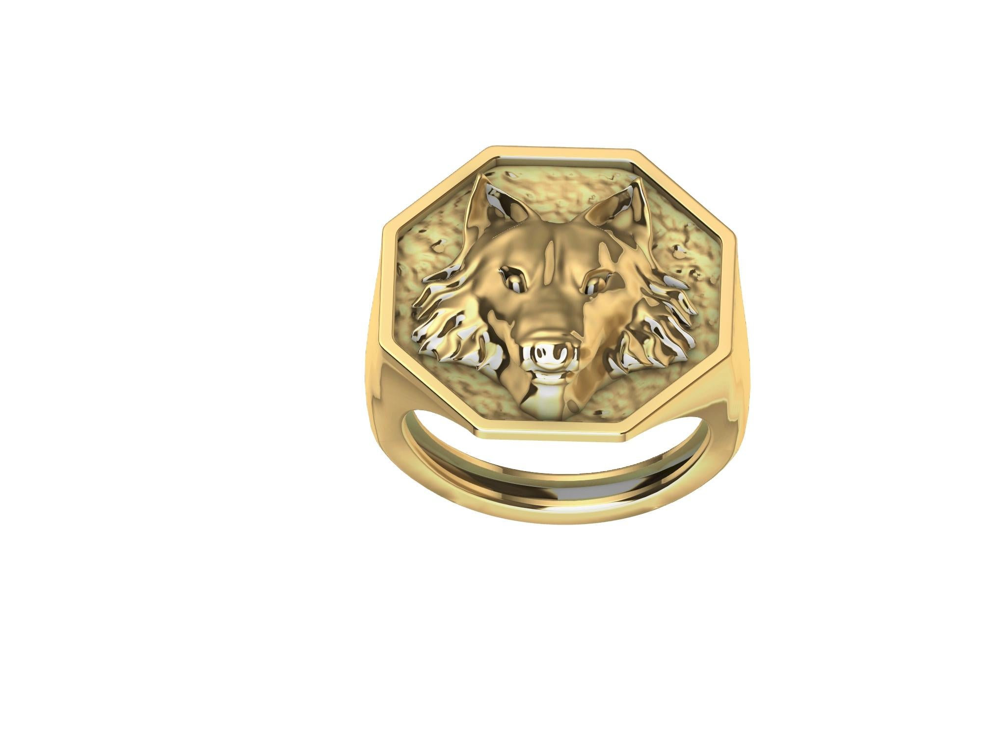 For Sale:  14 Karat Yellow Gold Wolf Signet Ring 12