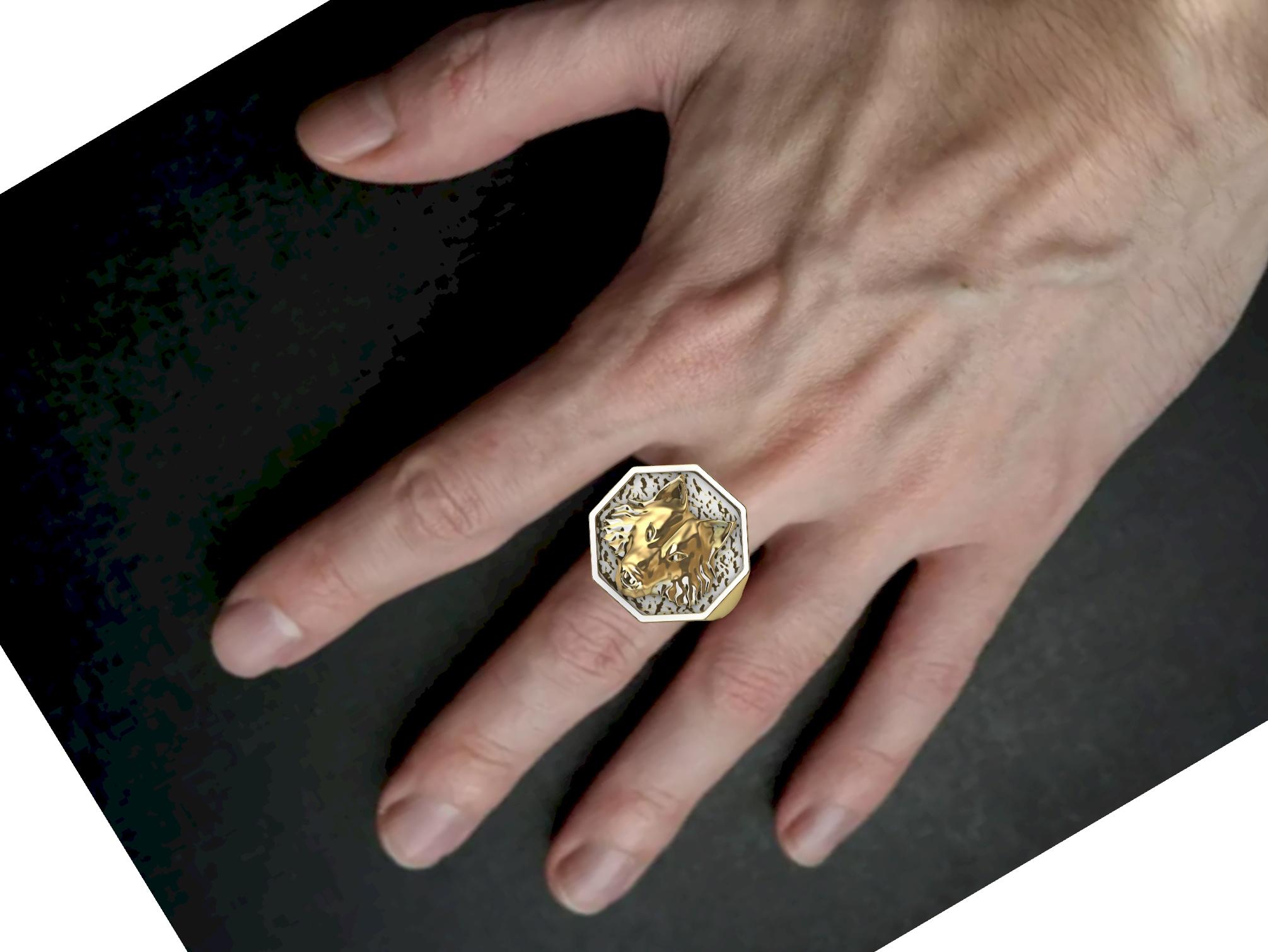 For Sale:  14 Karat Yellow Gold Wolf Signet Ring 13