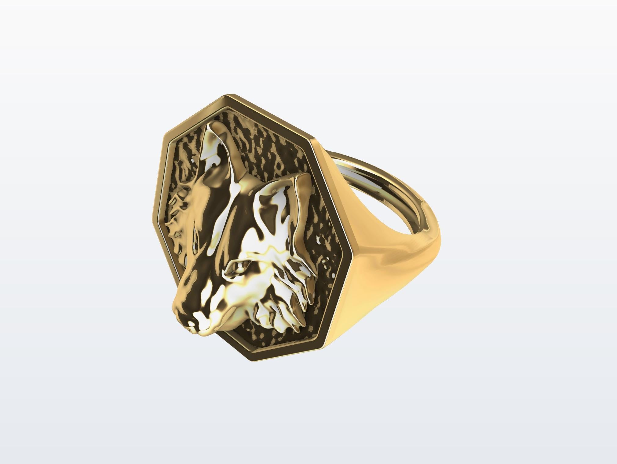 For Sale:  14 Karat Yellow Gold Wolf Signet Ring 6