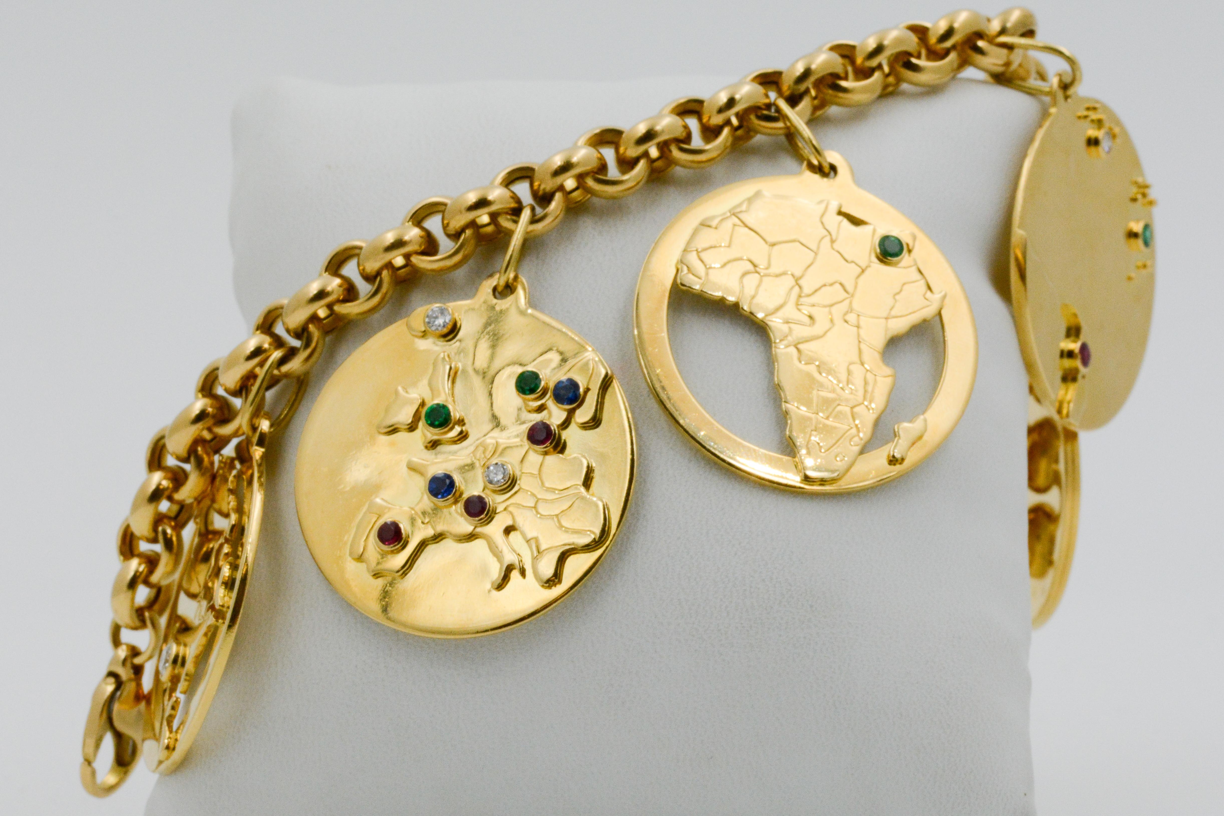 Modern 14 Karat Yellow Gold World Traveler Gemstone and Diamonds Charm Bracelet