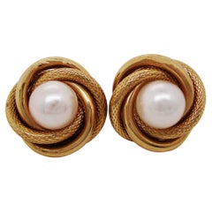 14 Karat Yellow Gold Woven Love Knot Twist Pearl Stud Earrings