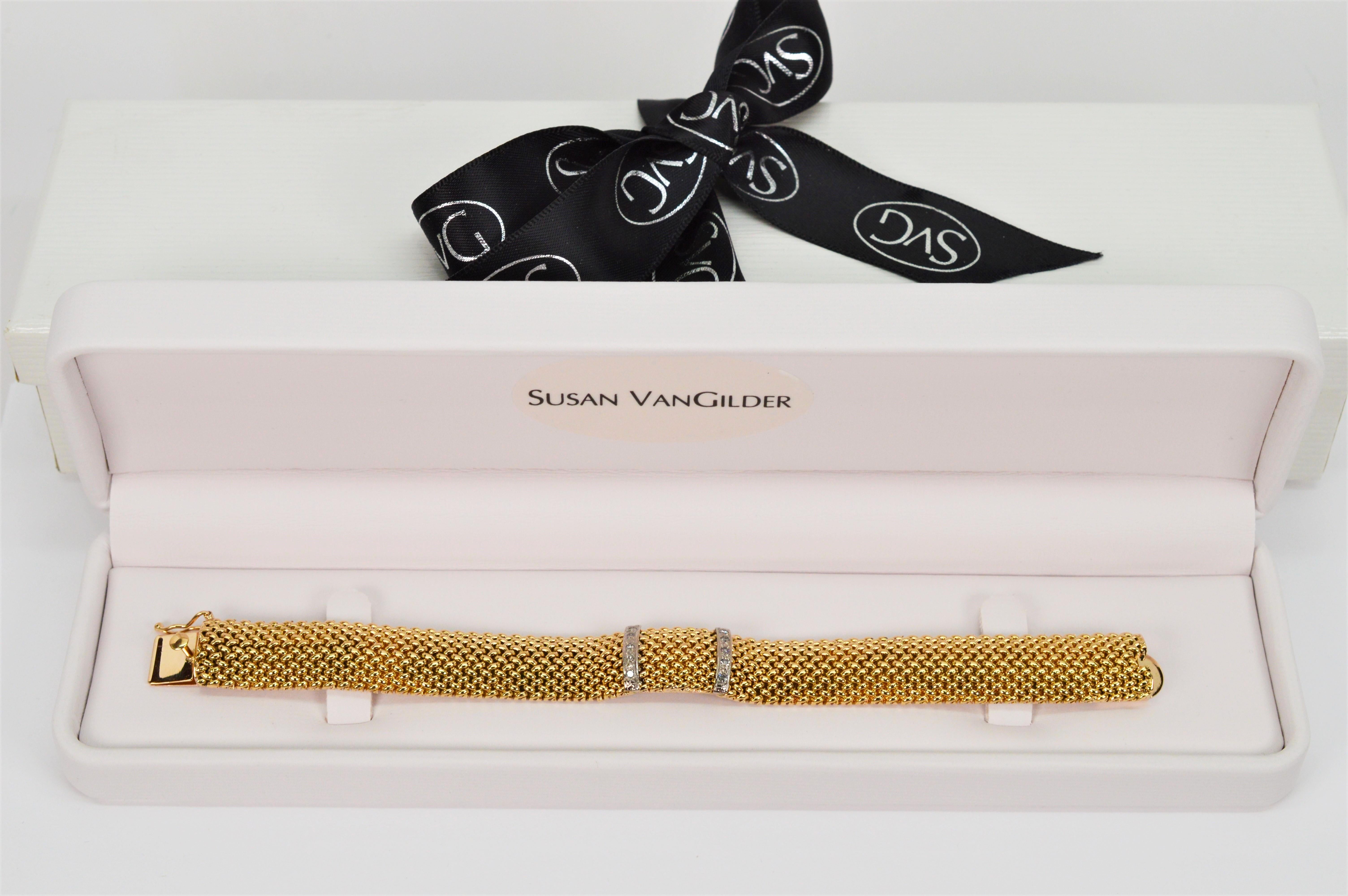 14 Karat Yellow Gold Woven Mesh Contoured Bracelet w White Gold Diamond Accents For Sale 7